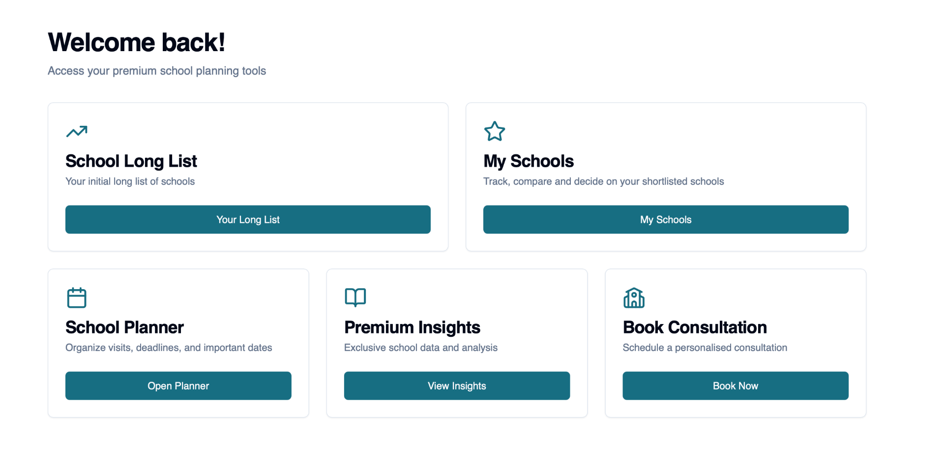 Premium Dashboard - Access your school planning tools including Long List, My Schools, Planner, Insights and Consultation