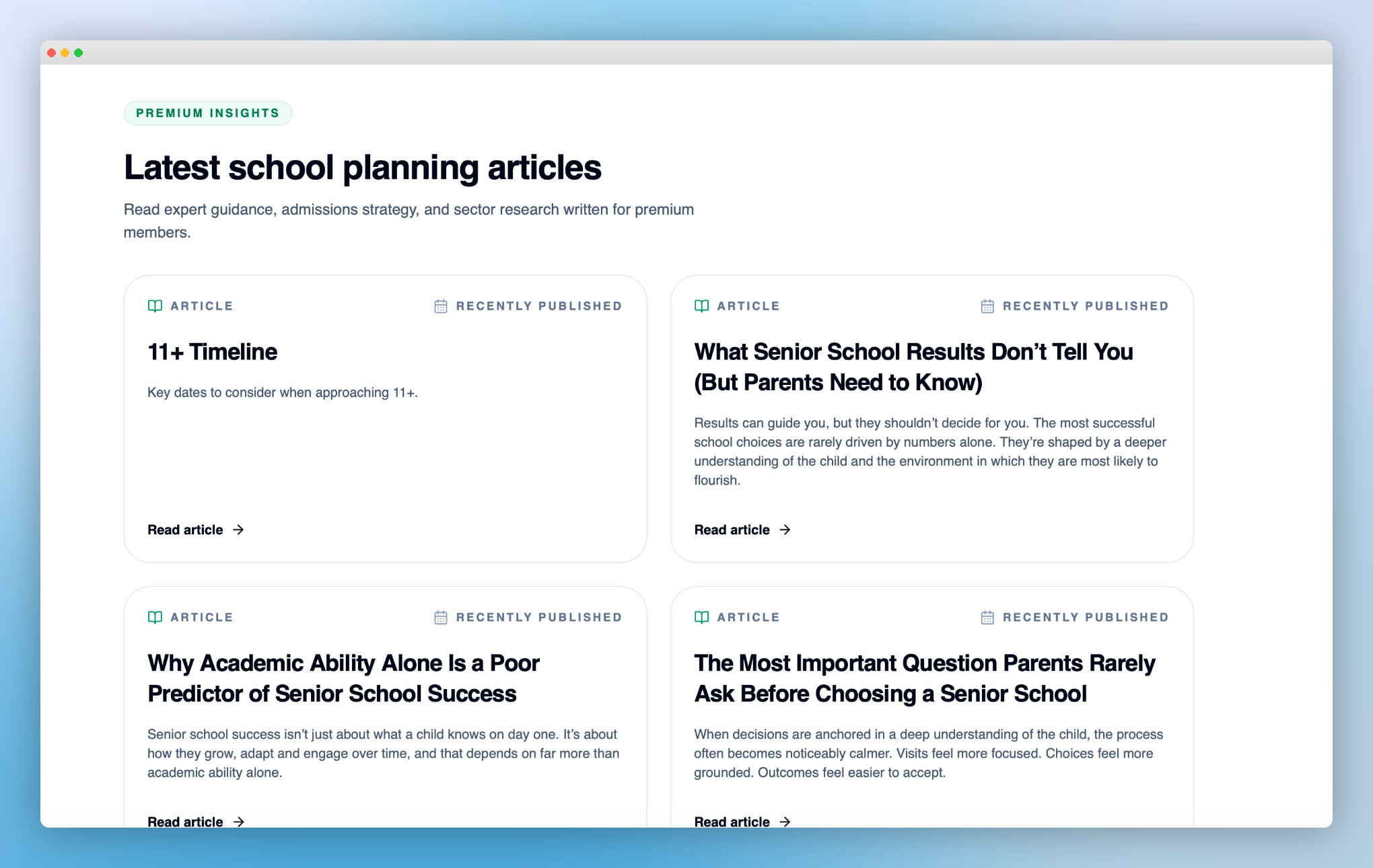 Premium Insights - Expert school planning articles including admissions timelines, school results analysis, and decision-making guides