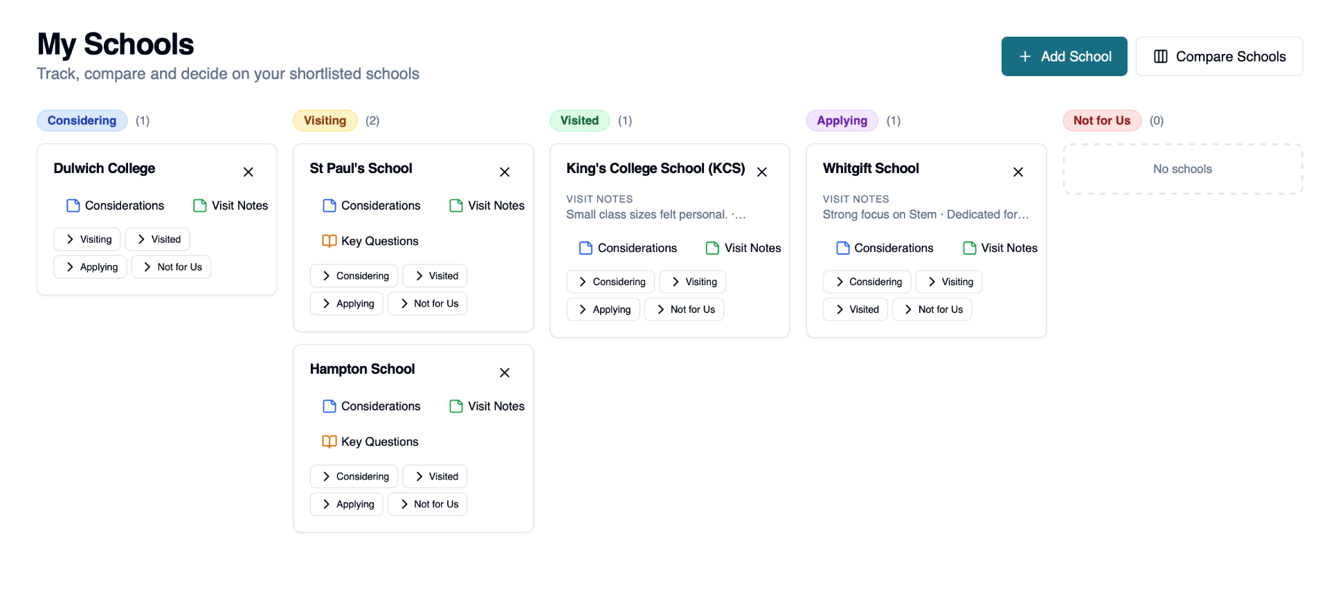 My Schools - Track, compare and manage your school shortlist with our Kanban-style board